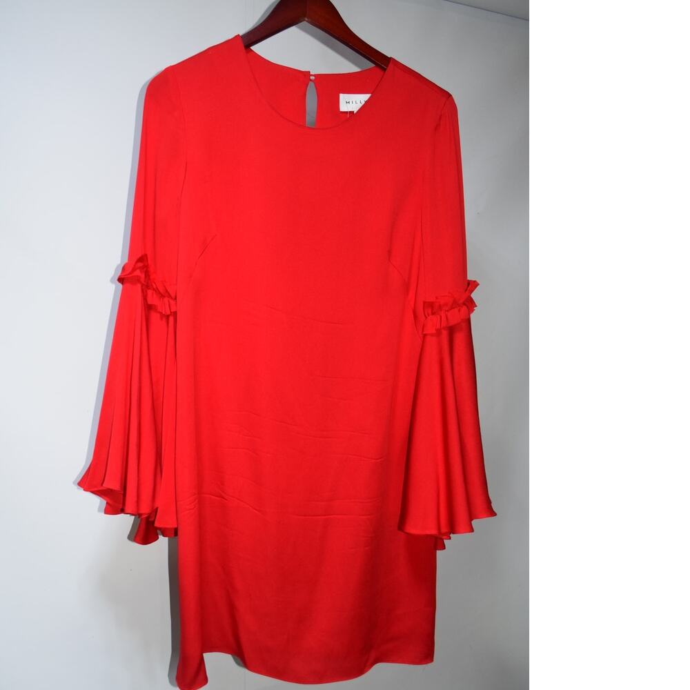 Milly Red Silk Bell Sleeve Ruffle Shift Dress Size 8 Made in USA